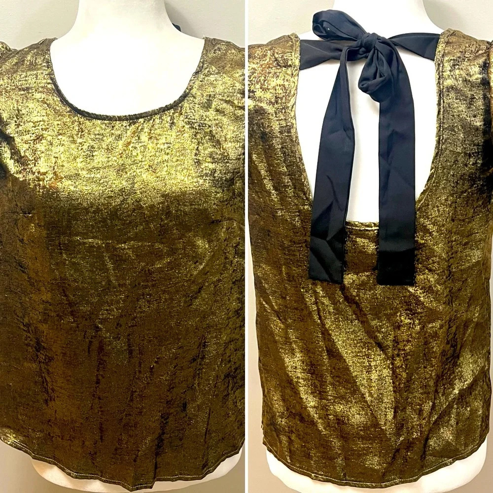 Ruffle Sleeve Tie Back Top‎ Blouse Womens Medium Gold Metallic Party Holidays